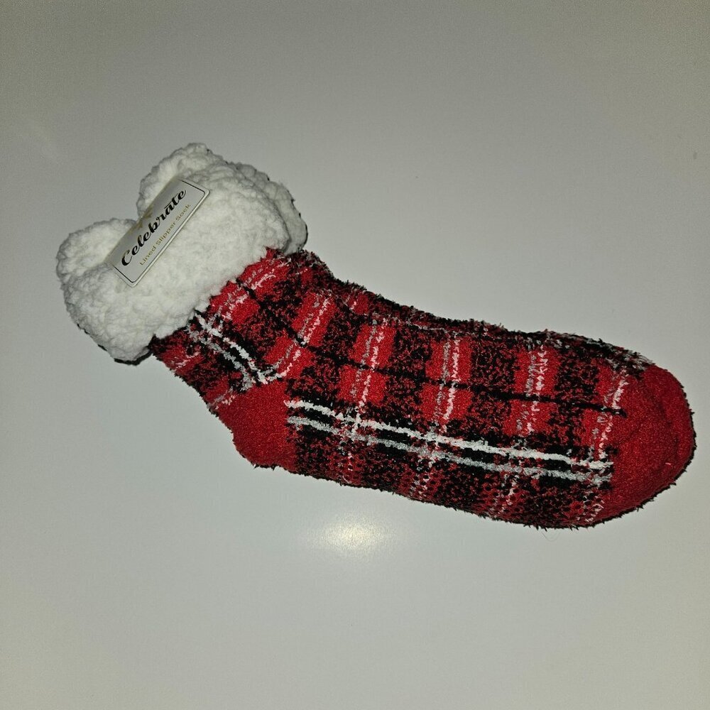 NEW Celebrate Lined Slipper Socks Red Black Plaid Sherpa Ladies Shoe Size 4-10